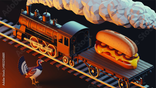 3D isometric steam train carrying giant hot dog sandwich with cheese on wagon and turkey bird on dark background
