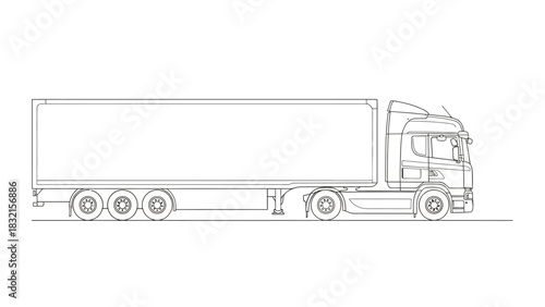 Detailed Line Drawing of a Semi-Trailer Truck.