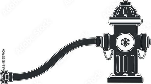 A fire hydrant with a connected hose in black and white outline vector style, suitable for emergency services graphics