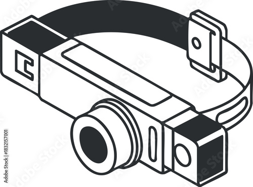 A detailed illustration of a camera with strap in minimalist black and white vector style, ideal for photography-related projects