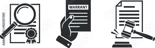 A collection of legal symbols including a magnifying glass, a hand holding a warrant, and a gavel in black and white vector style, ideal for law-related designs