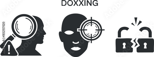 A doxxing illustration featuring a magnifying glass on a head silhouette, a target on a face, and unlocked padlocks in black and white vector style, suitable for cybersecurity awareness campaigns