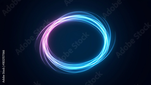 Abstract Neon Light Circle Swirl with Pink and Blue Glowing Trails on Dark Background