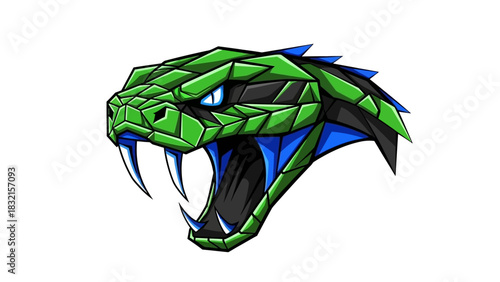 Aggressive Green Viper Snake Head with Open Mouth and Fangs.