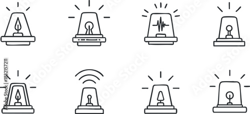 A collection of emergency siren icons in black and white outline vector style, ideal for safety and emergency services design
