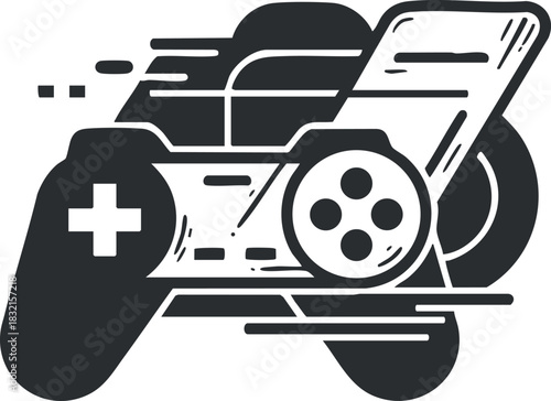 A gaming controller illustration in black and white geometric vector style, suitable for gaming-related designs and branding