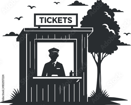 A vintage ticket booth illustration in black and white minimalist vector style, perfect for travel and event design