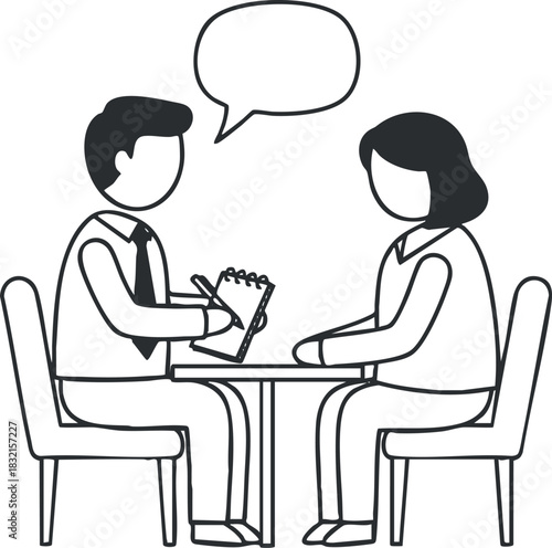 A business meeting scene featuring two professionals engaged in conversation at a table in black and white vector style, ideal for corporate presentations and training materials