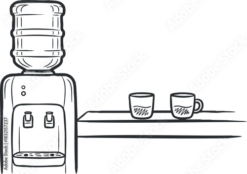 A water cooler with a bottle on top and two cups in a minimalist outline vector style, ideal for office environments and hydration awareness