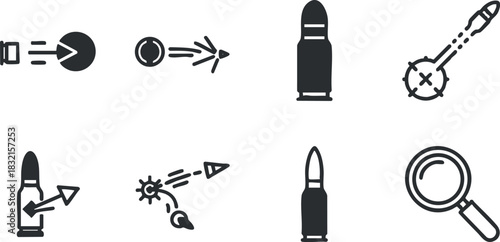 A collection of vector icons featuring arrows, bullets, a magnifying glass, and navigation symbols in minimalist flat style, ideal for user interface design and digital applications