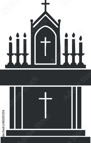 A religious altar with candles and crosses in black and white minimalist vector style, ideal for spiritual themes and designs