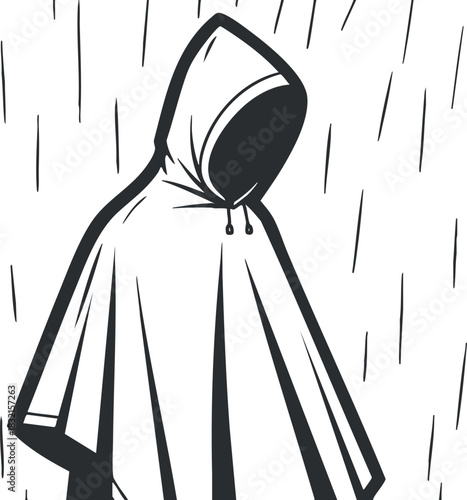 A hooded poncho in black and white minimalist vector style, ideal for weather-related designs and outdoor themes