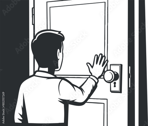 A man reaching for a doorknob in black and white minimalist vector style, suitable for concepts of curiosity and exploration