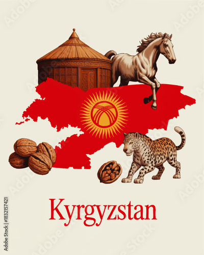 Kyrgyzstan culture illustration with national map flag horse leopard yurt walnuts traditional Central Asia travel design