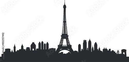 A silhouette of the Paris skyline featuring the Eiffel Tower in a minimalist black vector style, ideal for travel-themed decor