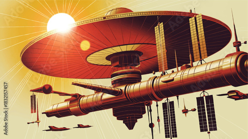 Futuristic space station orbiting sun in retro sci fi poster style, golden light, spacecraft, solar panels, vintage space art