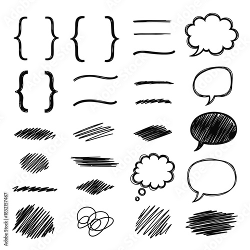 Hand drawn sketchy brackets lines and speech bubbles vector set