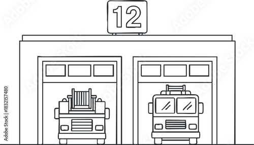 A fire station with two fire trucks parked inside in black and white outline vector style, ideal for emergency service illustrations
