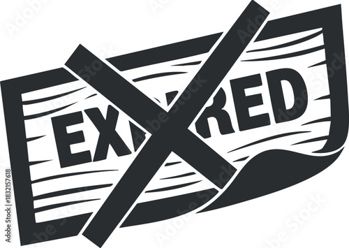 A graphic representation of an expired document marked with a cross in a bold black and white vector style, suitable for warning or notification purposes