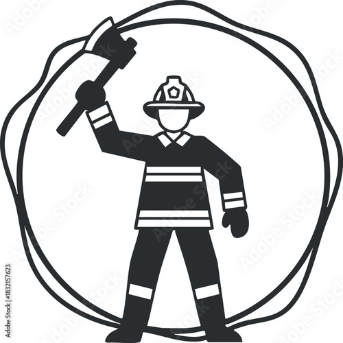 A firefighter holding an axe in black and white vector style, ideal for emergency services branding and safety awareness