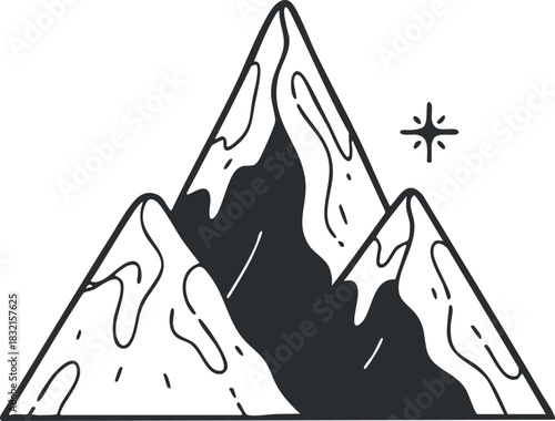 A pair of mountains with snow caps in minimalist black and white outline vector style, ideal for outdoor adventure branding