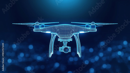 Blue Drone Wireframe Concept with Camera for Aerial Photography and Technological Advancement