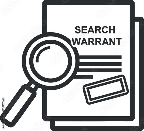 A search warrant document with a magnifying glass in black and white outline vector style, ideal for legal and investigative themes