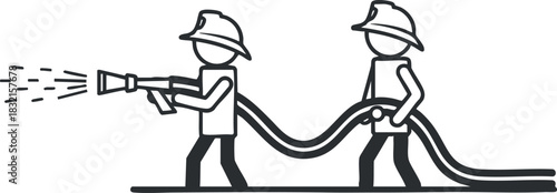 A pair of firefighters using a hose to spray water in black and white outline vector style, ideal for emergency service graphics