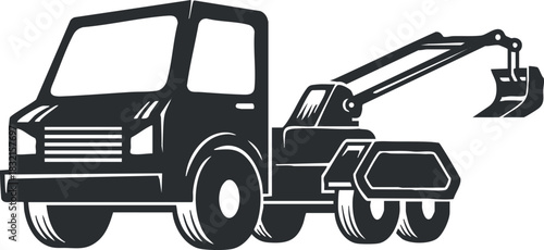 A construction truck with an attached loader in black and white outline vector style, suitable for industrial and engineering projects