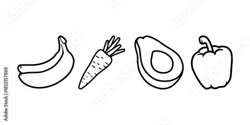 Healthy food vector illustration featuring carrot, banana, avocado, and bell pepper in a clean, bright style. Perfect for nutrition, diet content, meal prep, and educational design.