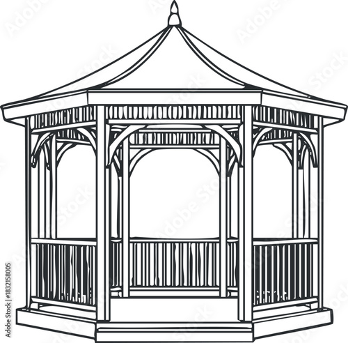 A detailed outline illustration of a wooden gazebo in black and white vector style, suitable for landscape design projects