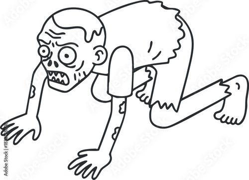 A crawling zombie character with exaggerated features in a black and white outline vector style, ideal for Halloween-themed graphics