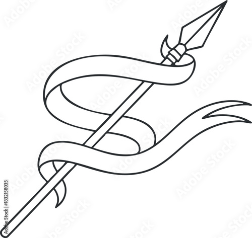 A spear with a ribbon wrapped around it in minimalist lineart vector style, suitable for logos or design projects