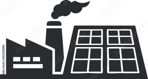 A factory building with solar panels and a chimney in black and white minimalist vector style, suitable for energy and sustainability projects