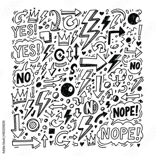 Hand drawn doodle elements with arrows lightnings and speech bubbles in black and white