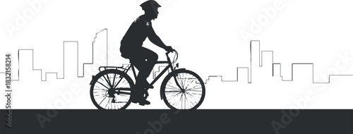 A silhouette of a police officer riding a bicycle against a city skyline in minimalist black and white vector style, suitable for public safety projects