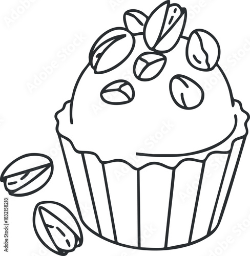 A cupcake topped with frosting and pistachio nuts in black and white outline vector style, ideal for bakery branding and dessert menus