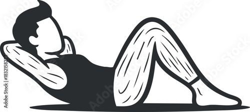 A person performing abdominal crunches in a minimalist black and white vector style, perfect for fitness and health-related designs