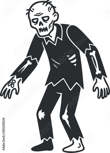 A cartoon zombie character with tattered clothing and exposed bones in a black and white vector style, perfect for Halloween-themed projects