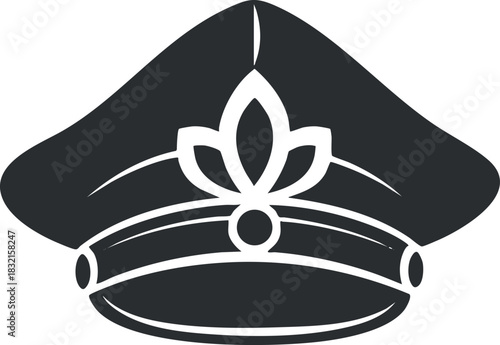A police officer's cap with emblem in black and white minimalist vector style, suitable for law enforcement designs