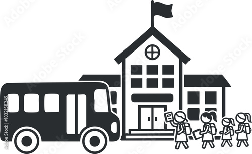 A school building with a flag and a school bus, featuring walking students in a flat black and white vector style, suitable for educational materials and children's projects