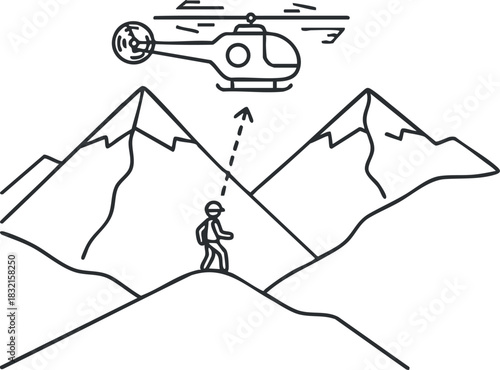 A hiker in the mountains with a helicopter above in minimalist vector style, suitable for outdoor adventure themes