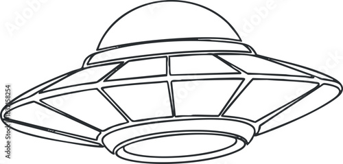A simple outline illustration of a UFO flying saucer in black and white vector style, perfect for sci-fi themed designs