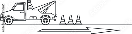 A construction truck with a traffic cone setup in minimalist line art vector style, ideal for safety signage and roadwork illustrations