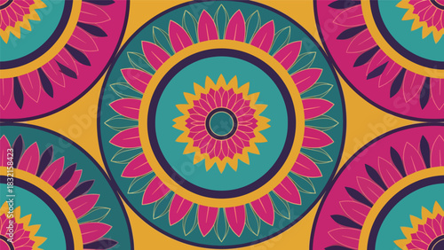 Flat seamless mandala tile pattern inspired by Indian artistry featuring radial symmetry and geometric petals in bold solid vector shapes