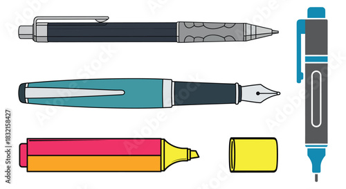 Collection of writing and marking tools including a mechanical pencil, fountain pen, highlighter, and marker