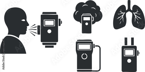 A set of health monitoring icons depicting a human head, lung, smoke, and diagnostic devices in black silhouette vector style, ideal for healthcare applications
