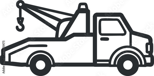A tow truck with a crane and hook in simple black and white outline vector style, suitable for automotive service branding