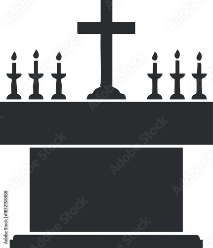 A silhouette of a religious altar with a cross and candles in minimalist vector style, suitable for faith-based design