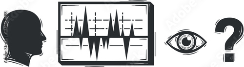 An outline illustration of a human head, medical graph monitor, eye symbol, and question mark in black and white vector style, ideal for healthcare and technology projects
